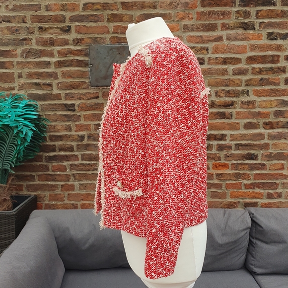 M&S Red Boucle Fringed Classic Jacket Uk12. - Picture 5 of 14
